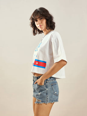 White USA Printed Crop T-shirt-SASSAFRAS