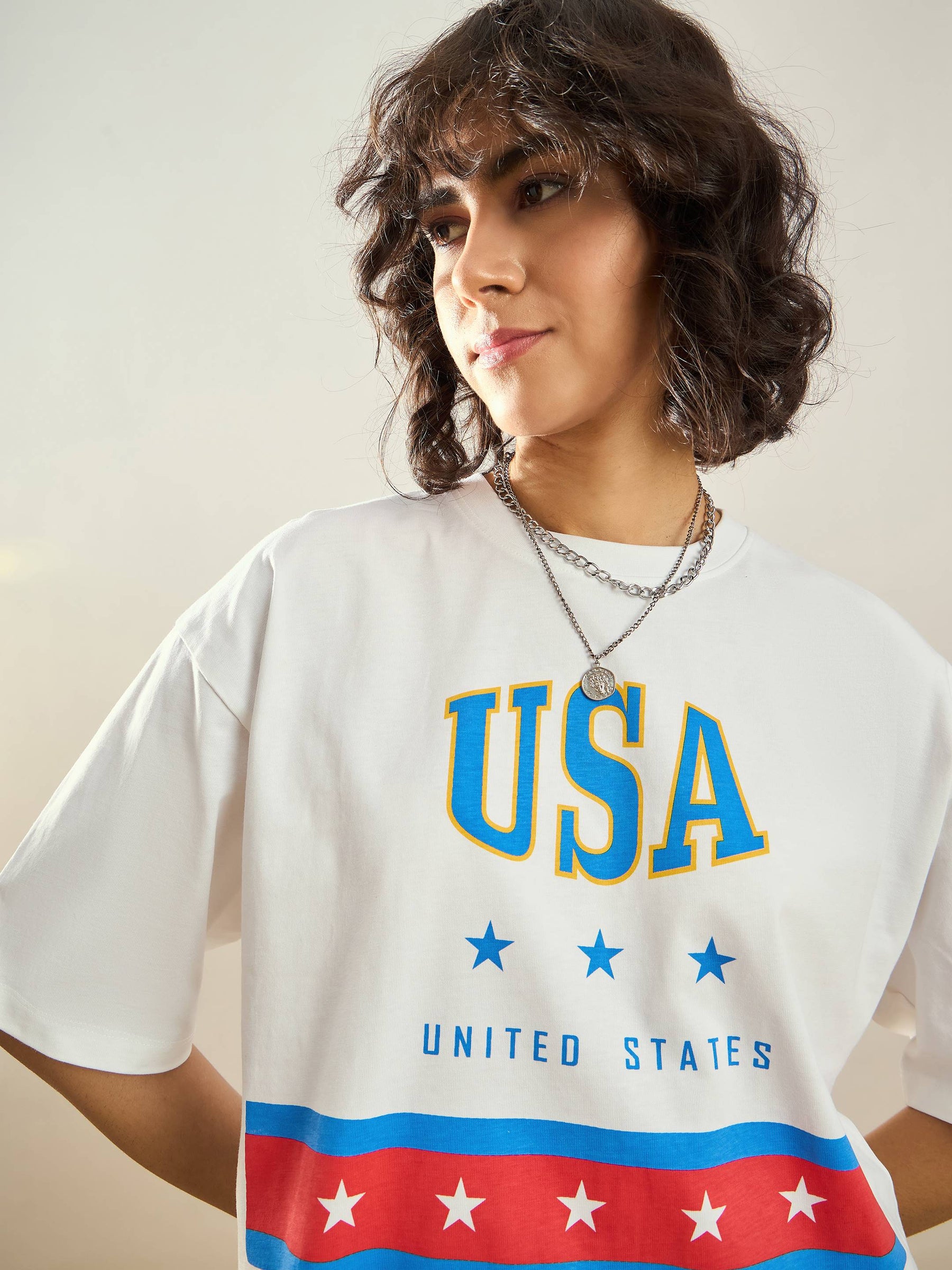White USA Printed Crop T-shirt-SASSAFRAS