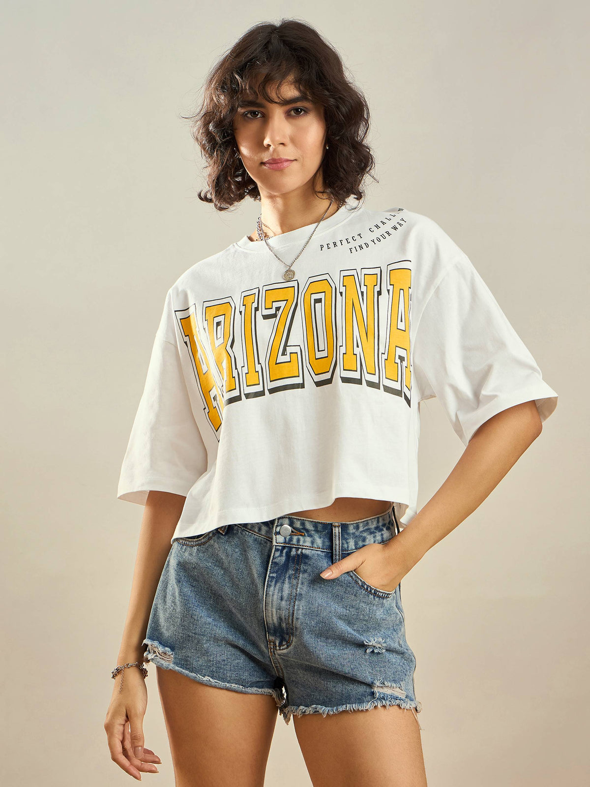 White ARIZONA Printed Crop T-shirt-SASSAFRAS