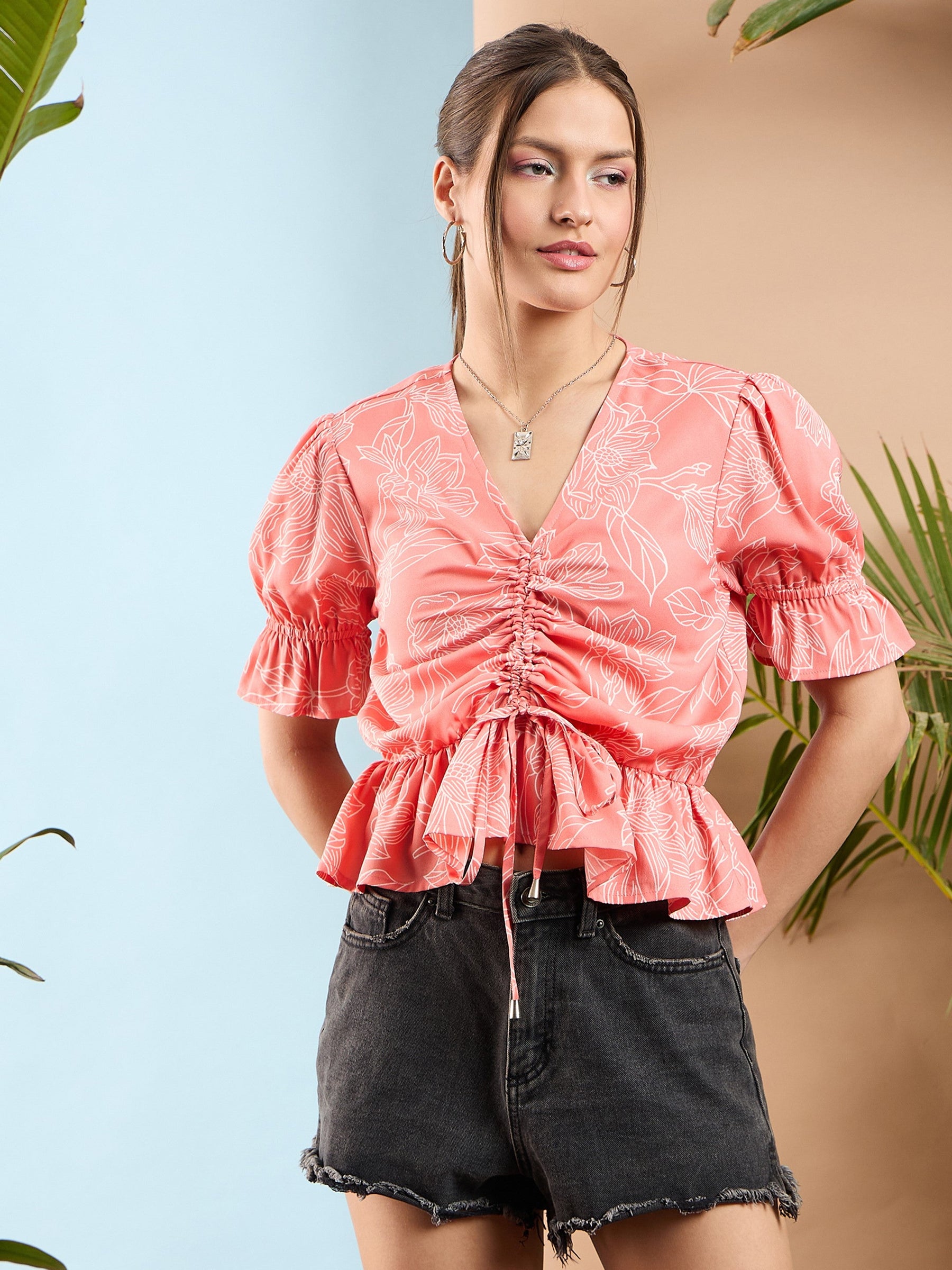 Peach Floral Front Ruched Top-SASSAFRAS