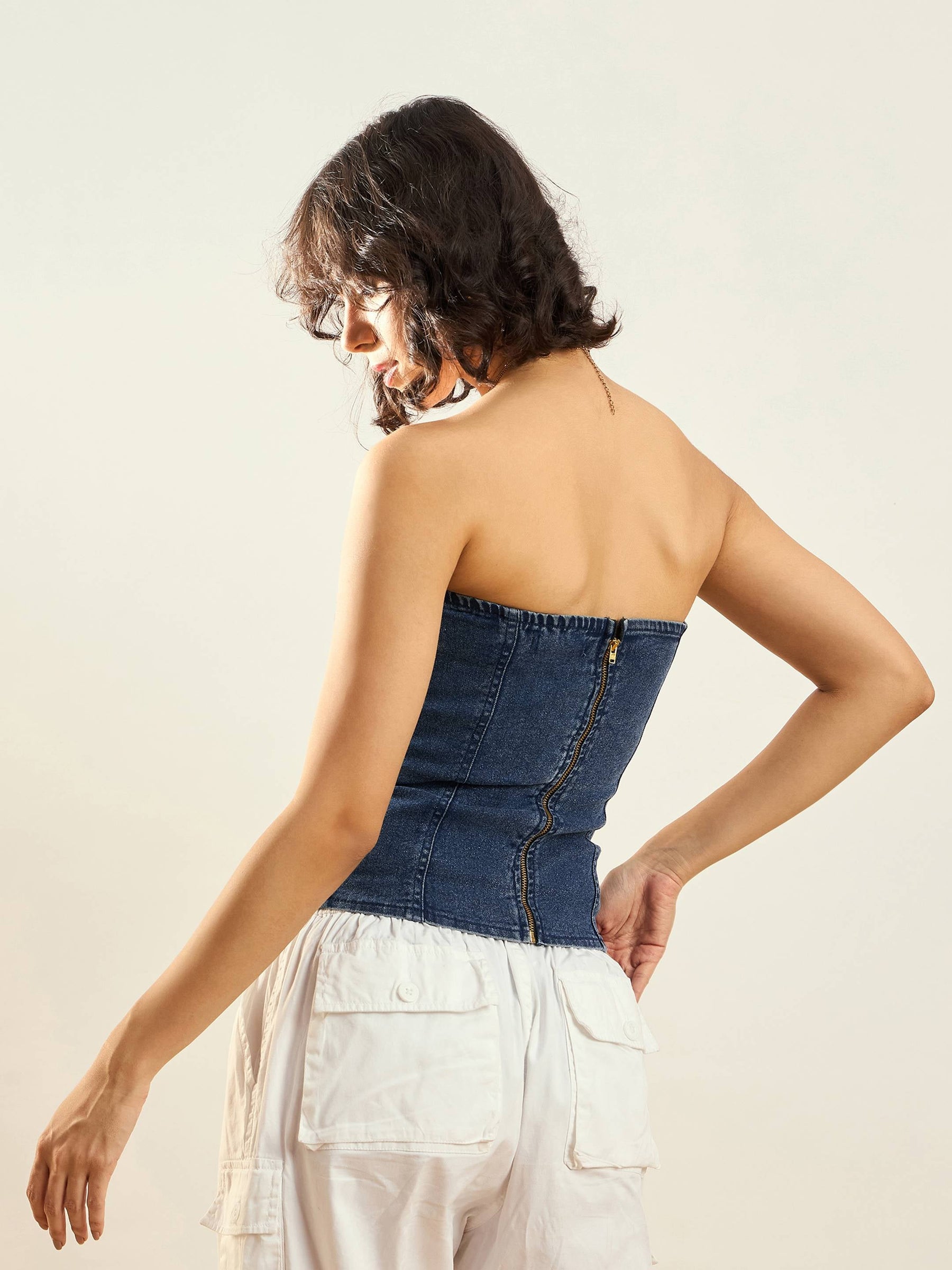 Blue Blast Front Pocket Denim Tube Top-SASSAFRAS