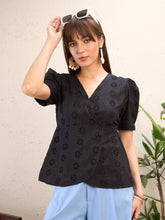 Black Schiffli Wrap Peplum Top-SASSAFRAS