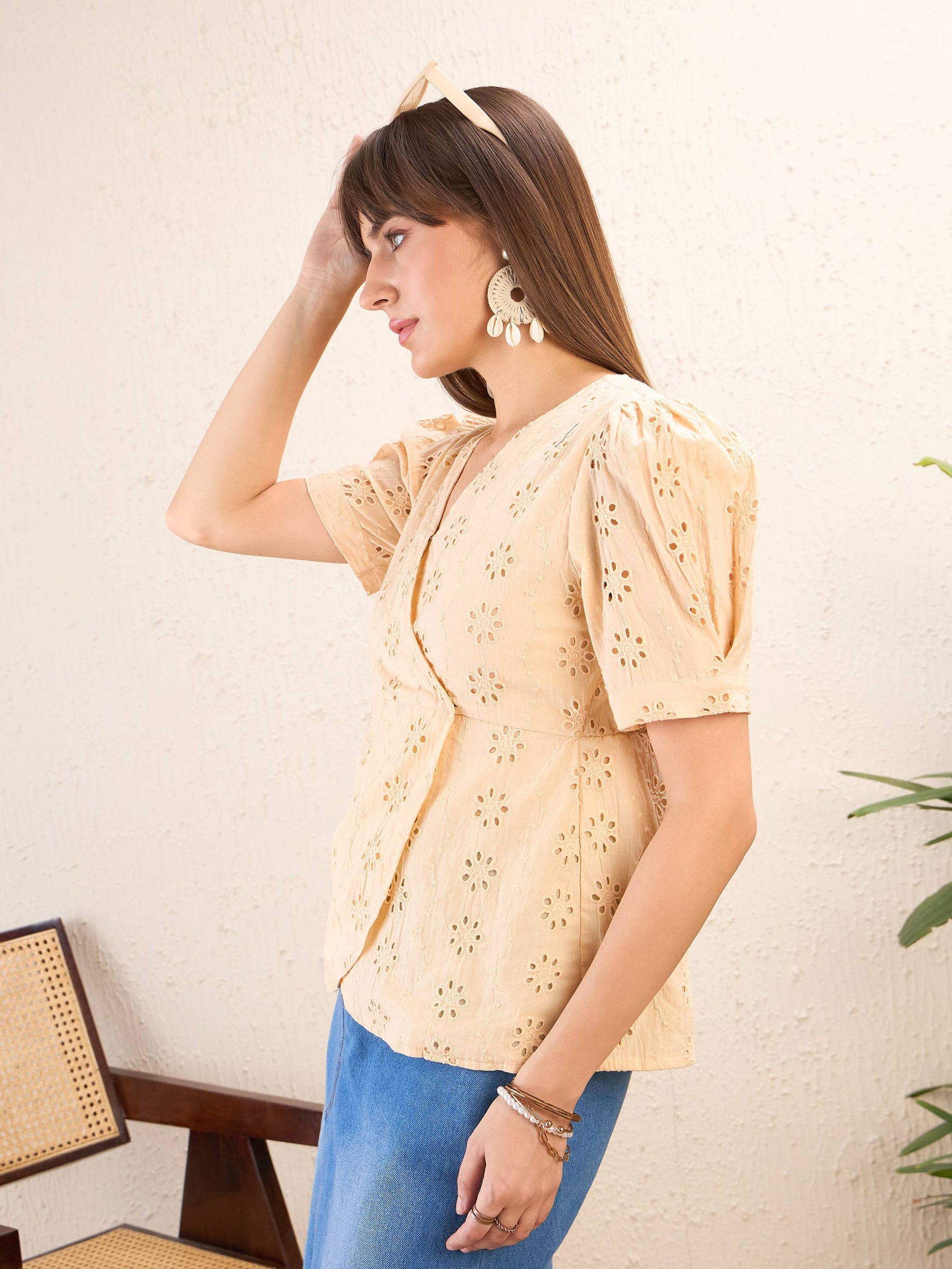 Beige Schiffli Wrap Peplum Top-SASSAFRAS