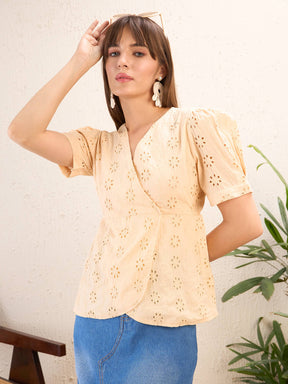 Beige Schiffli Wrap Peplum Top-SASSAFRAS