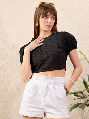 Black Schiffli Back-Tie Crop Top-SASSAFRAS