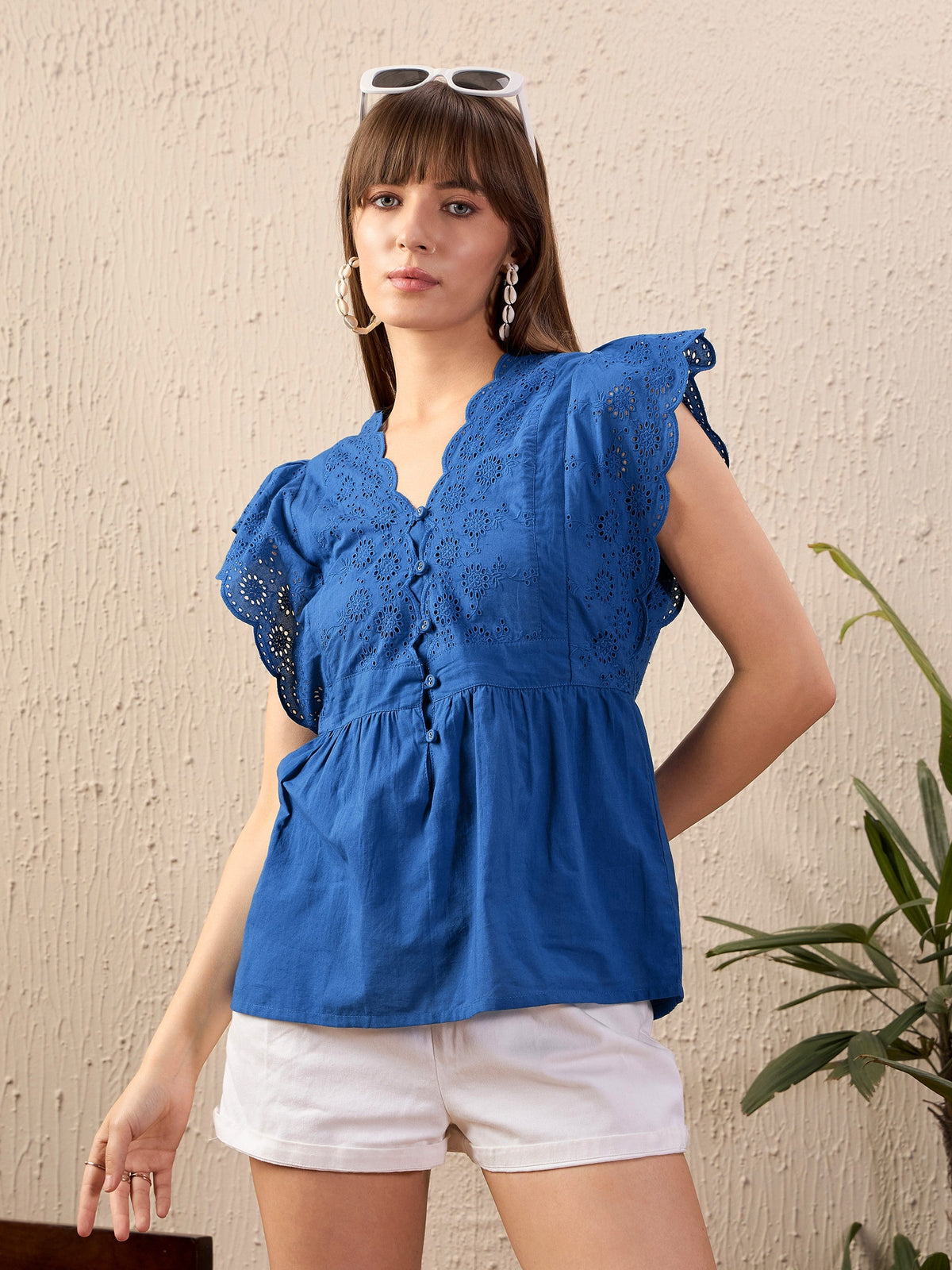 Royal Blue Schiffli Front Button Top-SASSAFRAS