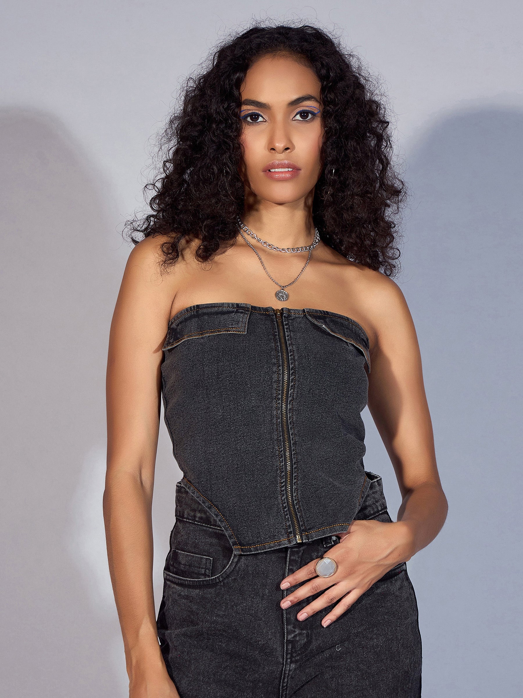 Black Denim Zipper Tube Top-SASSAFRAS