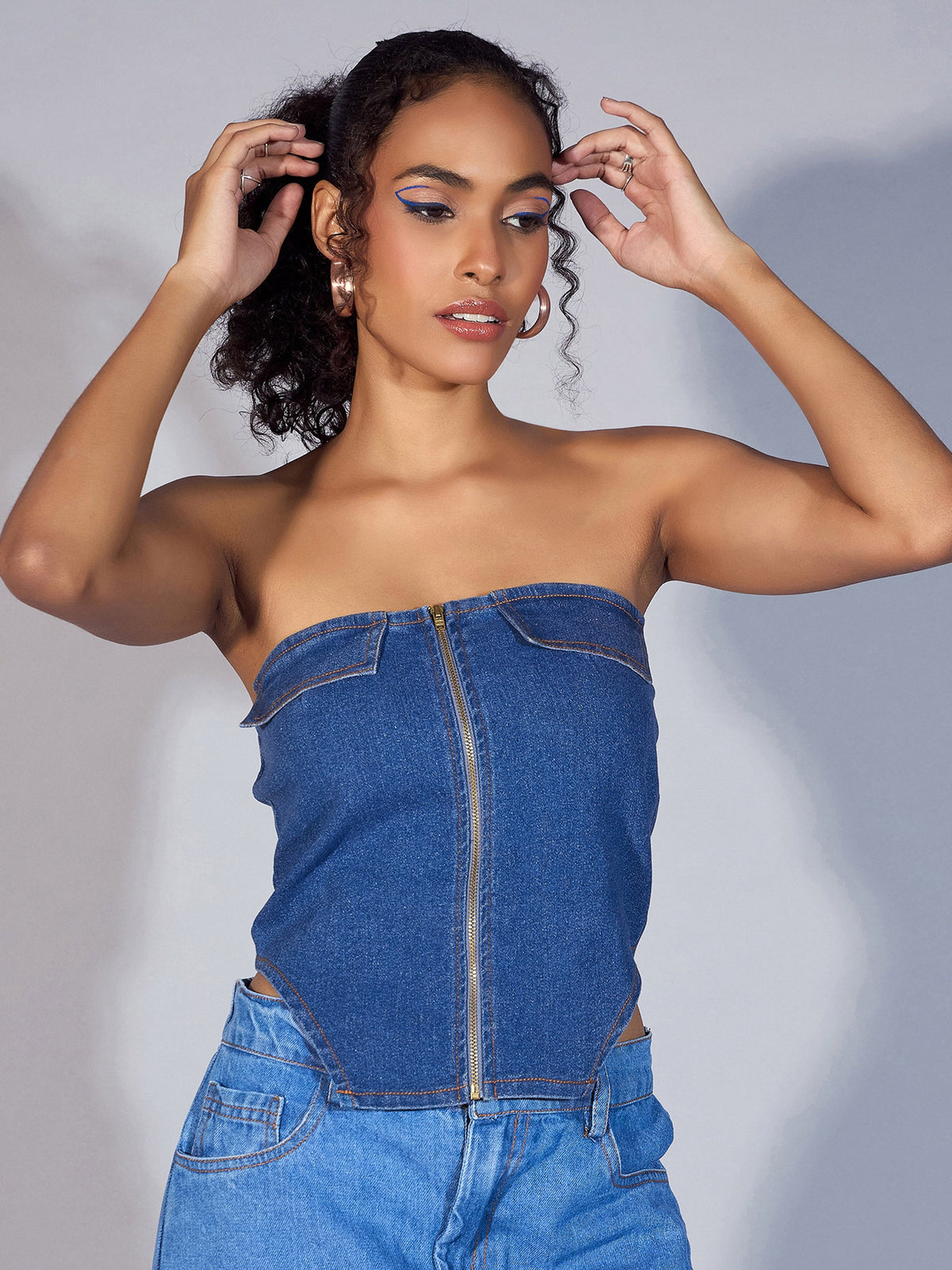 Blue Denim Zipper Tube Top-SASSAFRAS