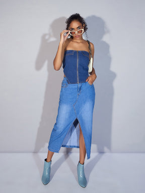 Blue Denim Zipper Tube Top-SASSAFRAS