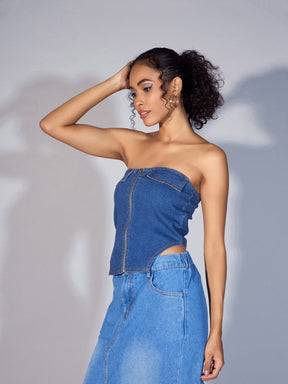 Blue Denim Zipper Tube Top-SASSAFRAS