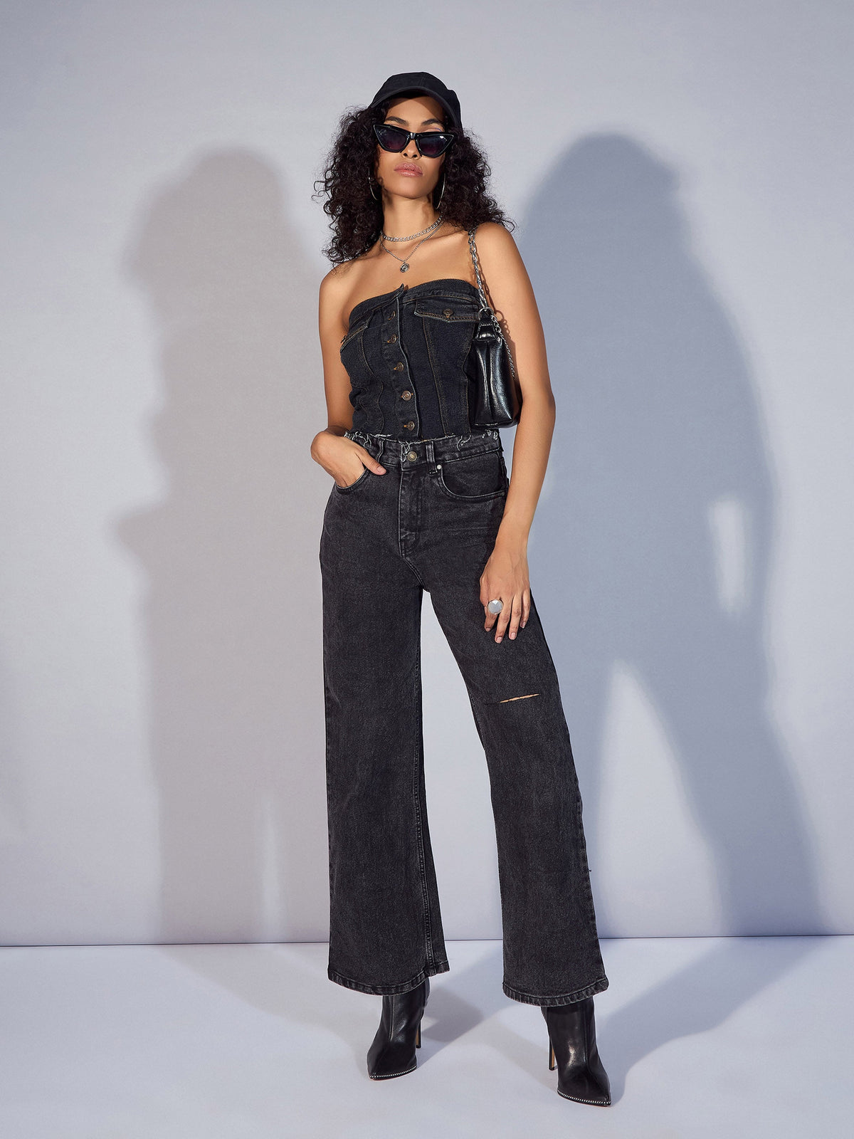 Black Denim Tube Crop Top-SASSAFRAS