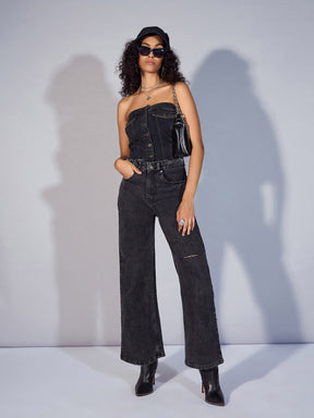 Black Denim Tube Crop Top-SASSAFRAS