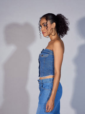 Blue Denim Tube Crop Top-SASSAFRAS