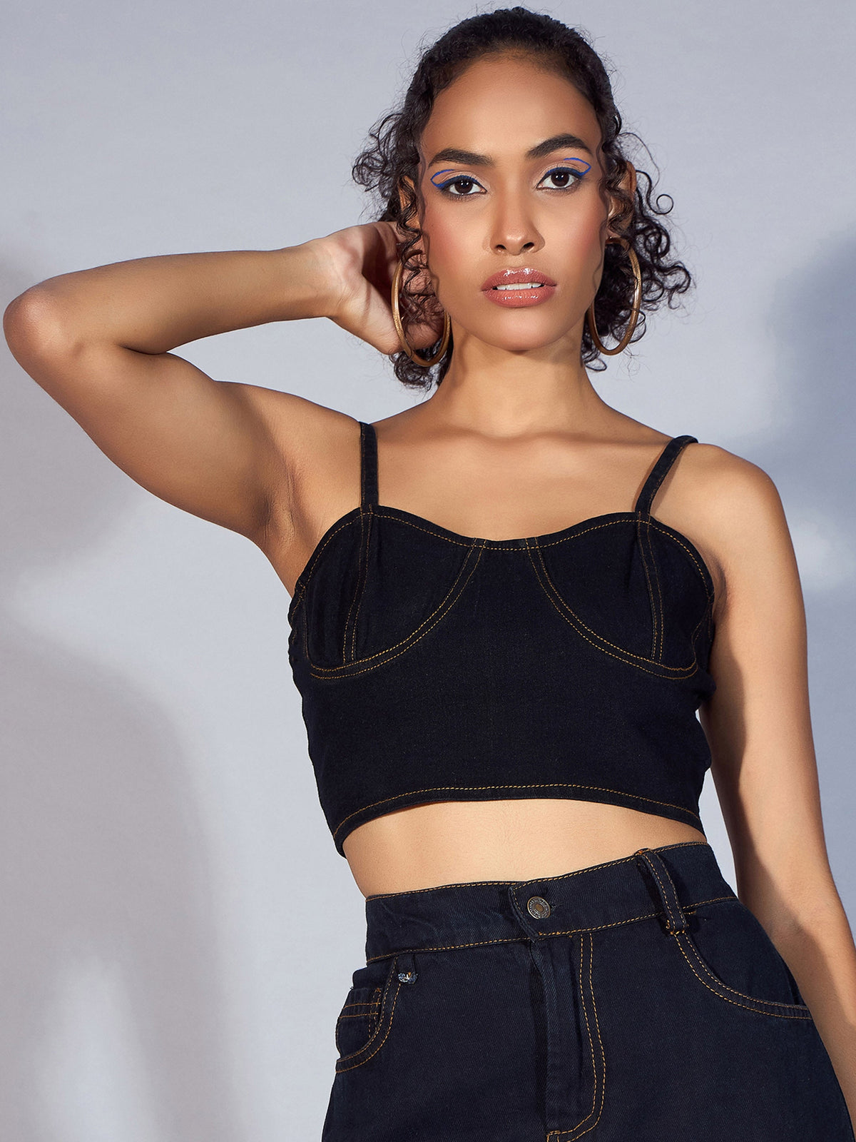 Black Denim Strappy Crop Top-SASSAFRAS