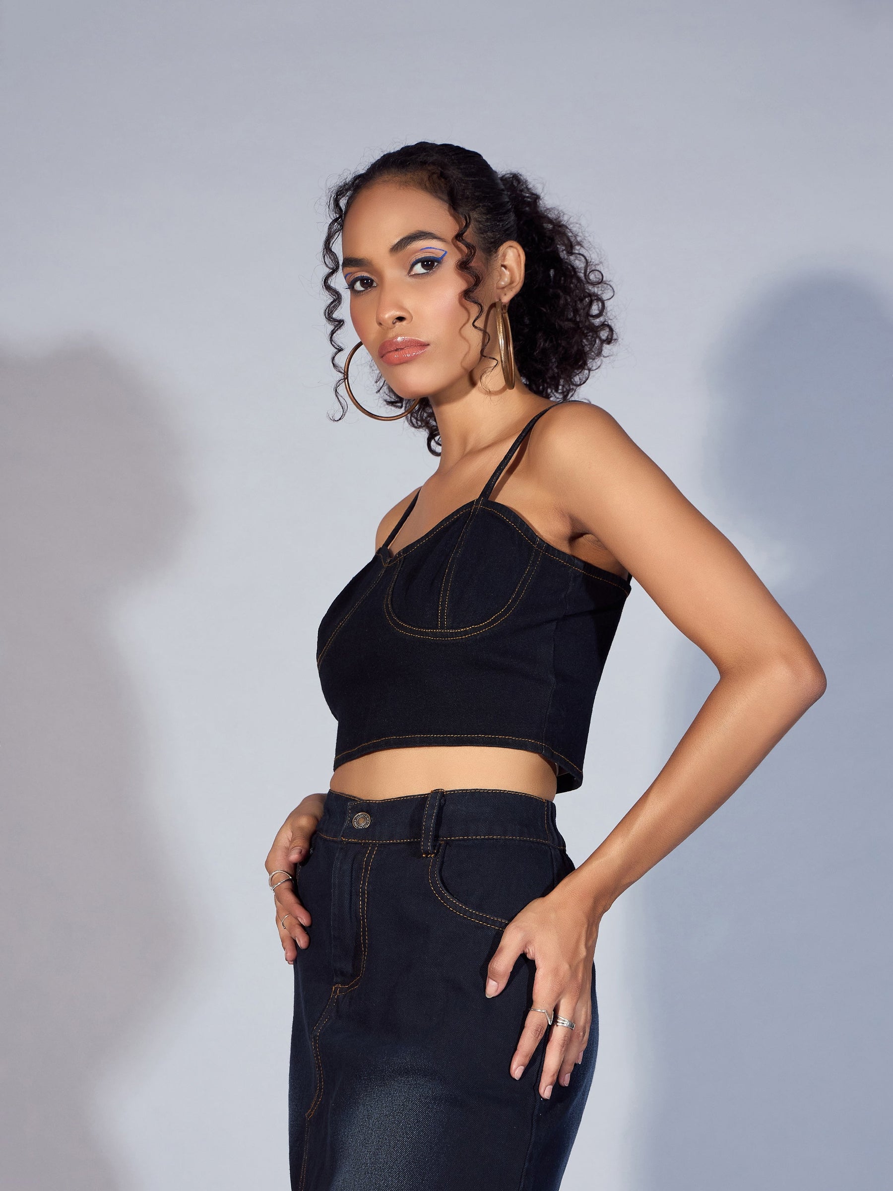 Black Denim Strappy Crop Top-SASSAFRAS