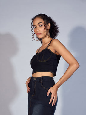 Black Denim Strappy Crop Top-SASSAFRAS