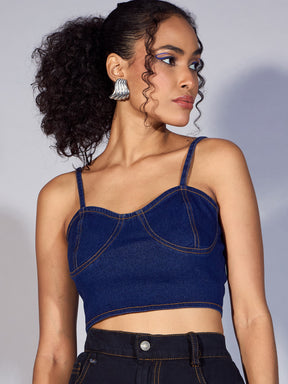 Blue Denim Strappy Crop Top-SASSAFRAS