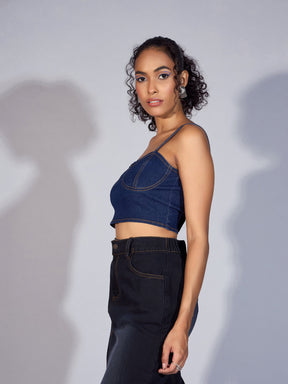 Blue Denim Strappy Crop Top-SASSAFRAS