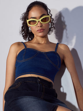 Blue Denim Strappy Crop Top-SASSAFRAS