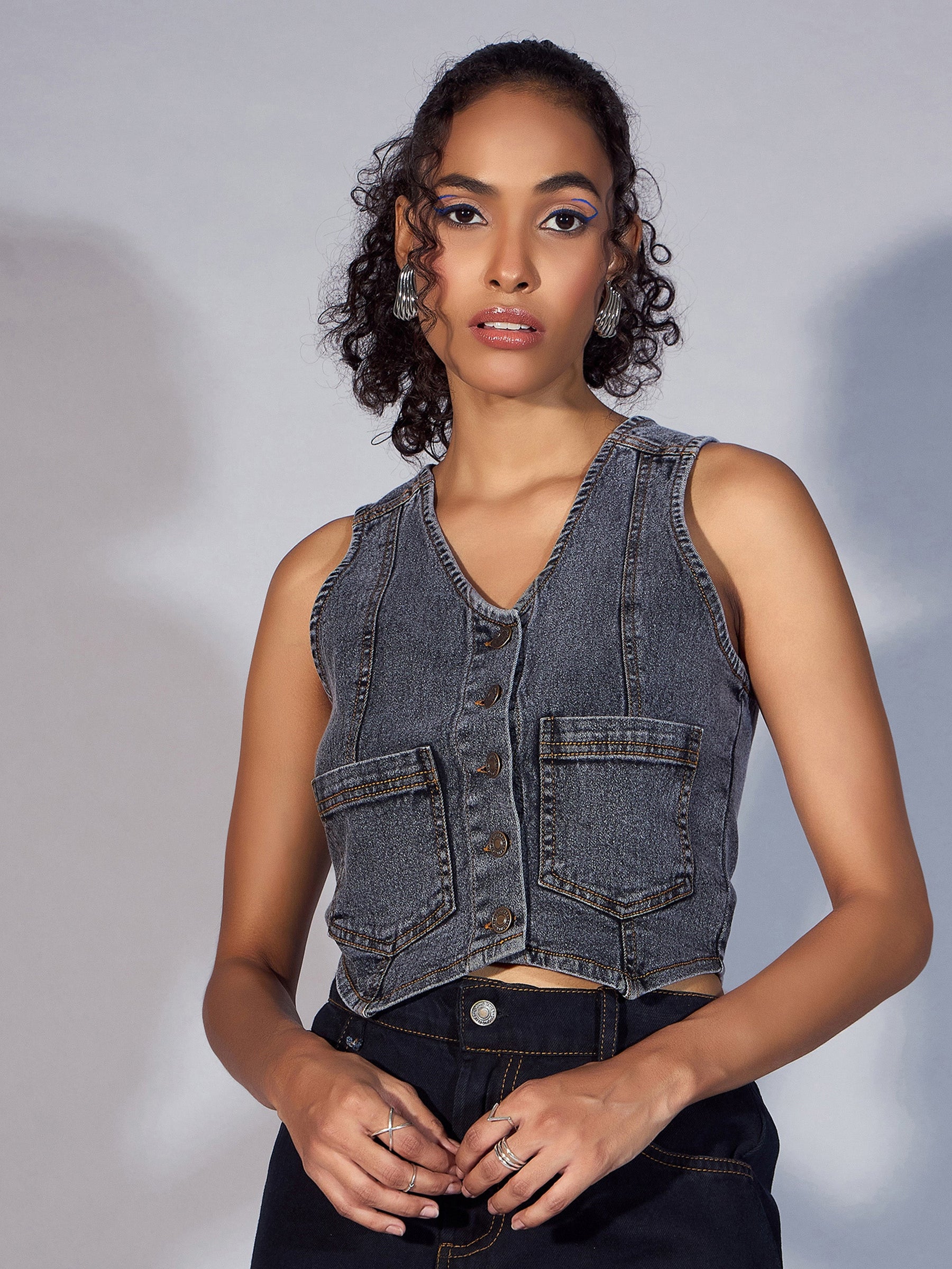 Black Denim Waistcoat Top-SASSAFRAS