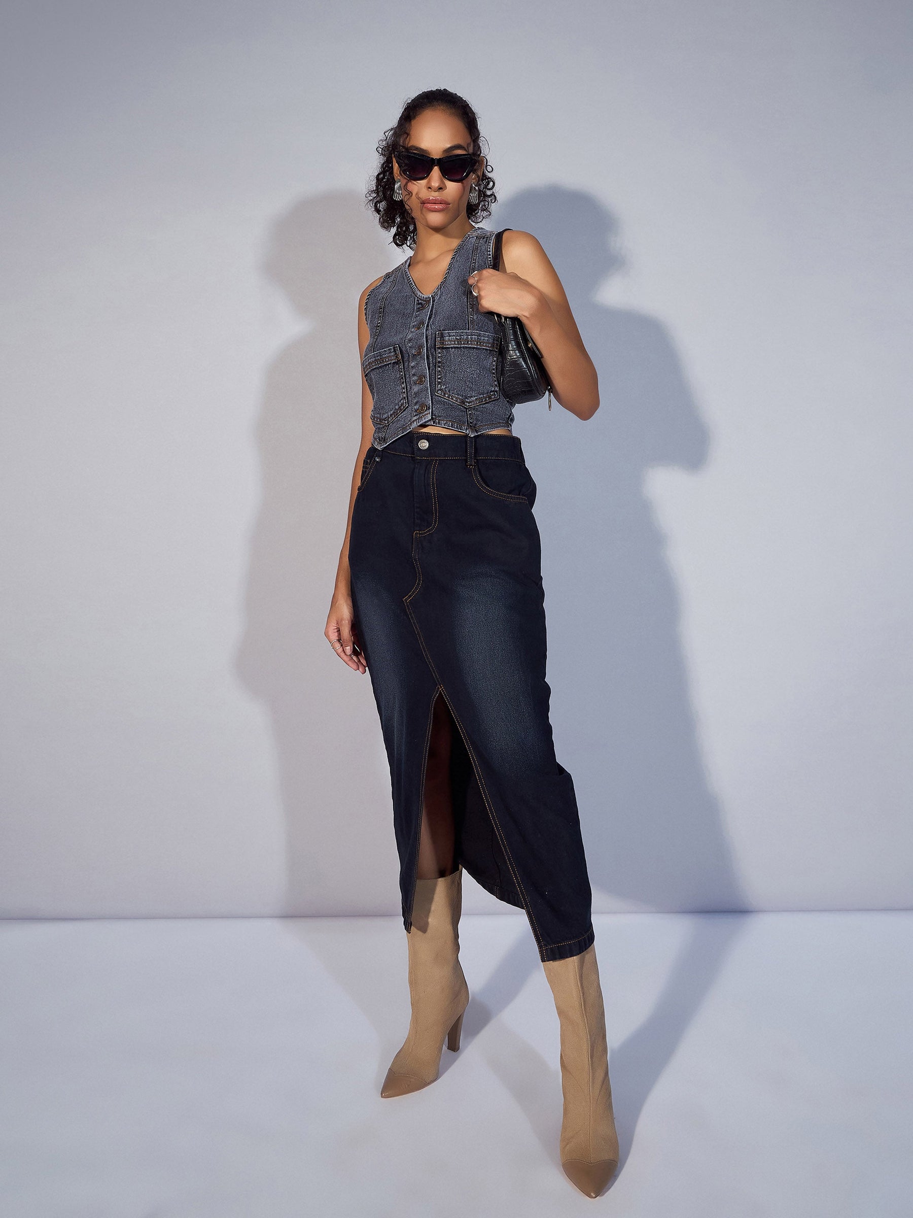 Black Denim Waistcoat Top-SASSAFRAS