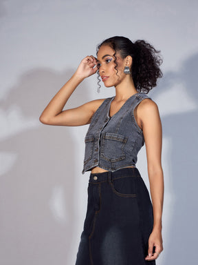 Black Denim Waistcoat Top-SASSAFRAS