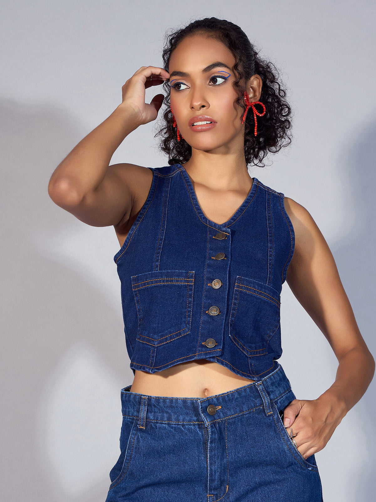 Blue Denim Waistcoat Top-SASSAFRAS