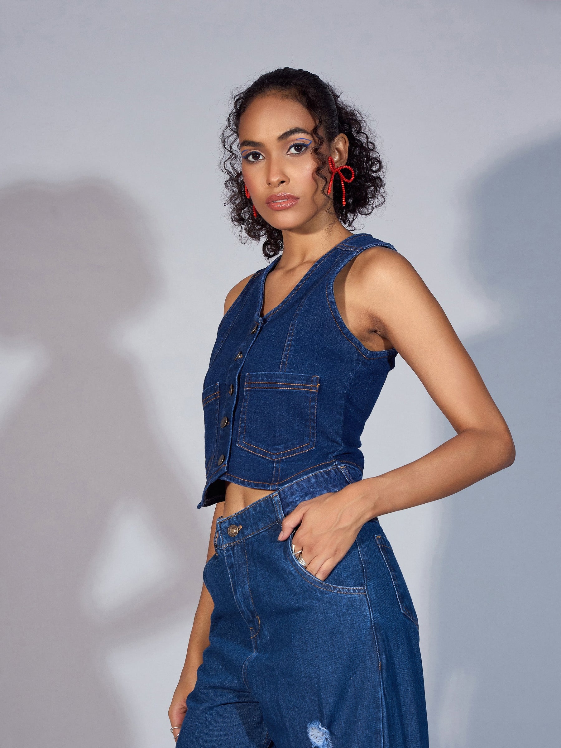 Blue Denim Waistcoat Top-SASSAFRAS