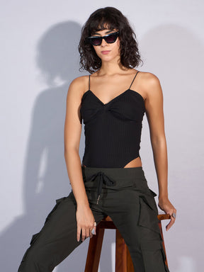 Black Rib Front Twist Bodysuit-SASSAFRAS