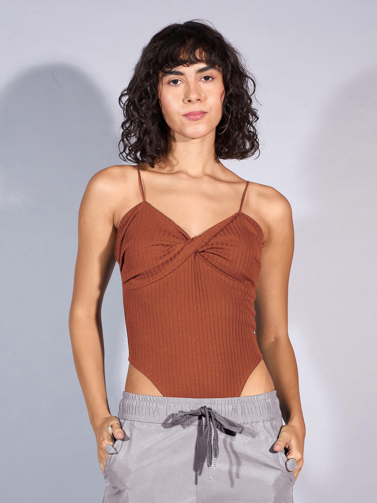 Brown Rib Front Twist Bodysuit-SASSAFRAS