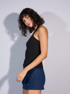 Black Rib Halter Neck Top-SASSAFRAS