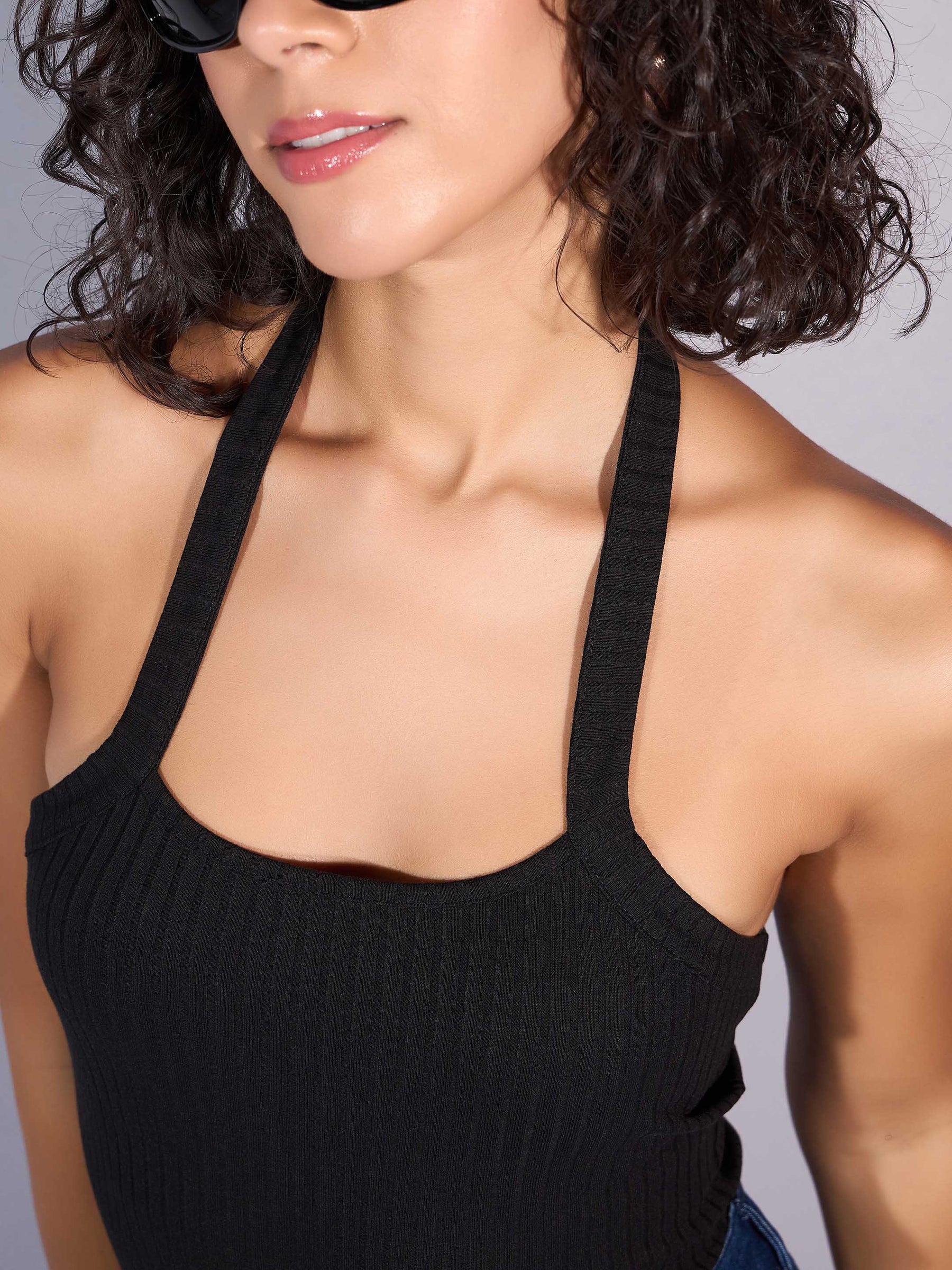 Black Rib Halter Neck Top-SASSAFRAS