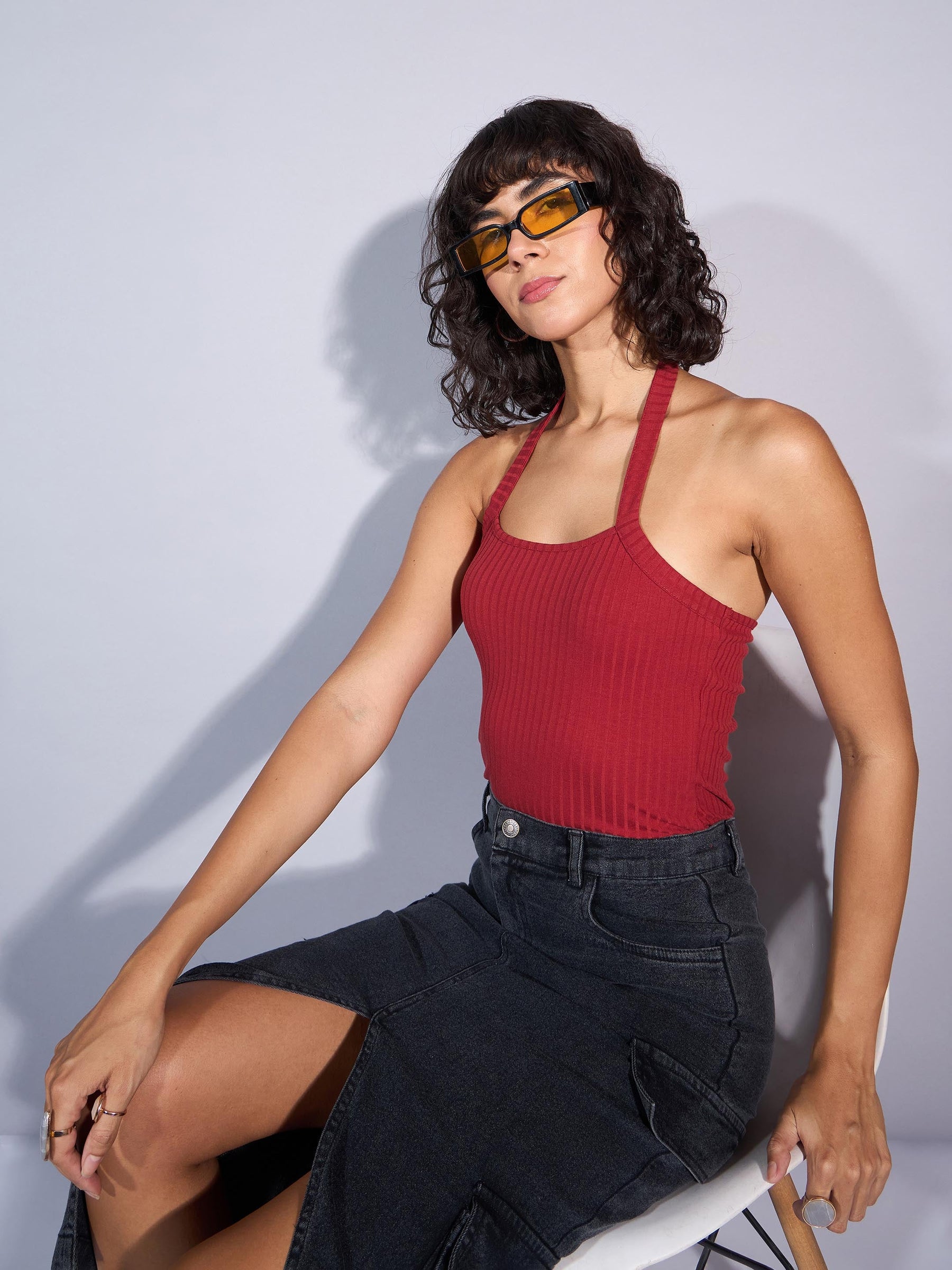 Rust Rib Halter Neck Top-SASSAFRAS