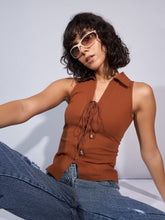 Brown Rib Collar Lace-Up Top-SASSAFRAS