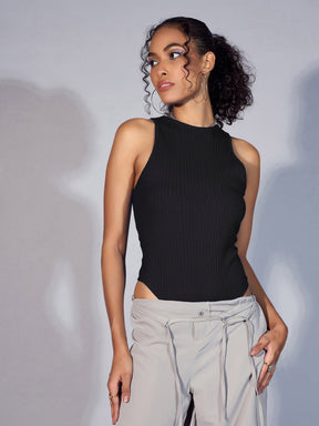 Black Rib Round Neck Sleeveless Bodysuit-SASSAFRAS