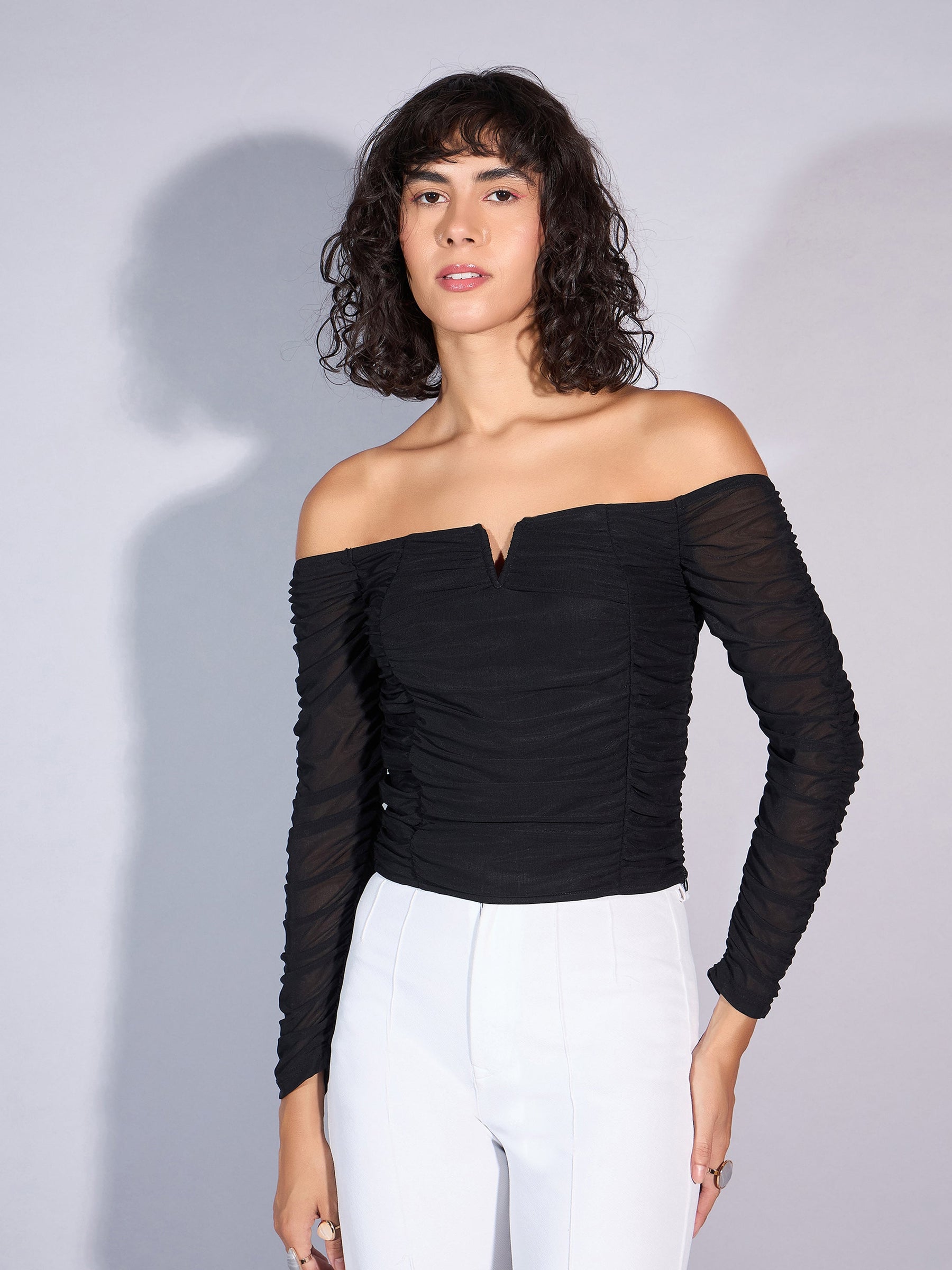 Black V Neck Ruched Top-SASSAFRAS