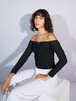 Black V Neck Ruched Top-SASSAFRAS