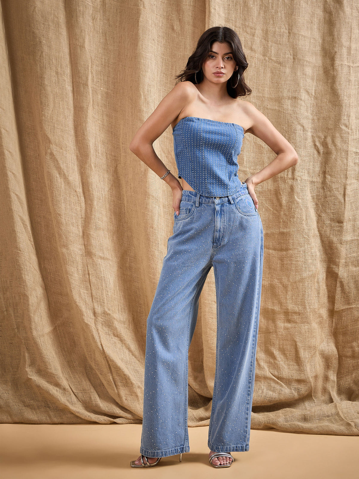 Blue Washed Tube Top With Straight Fit Jeans-SASSAFRAS