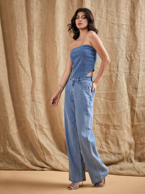 Blue Washed Tube Top With Straight Fit Jeans-SASSAFRAS