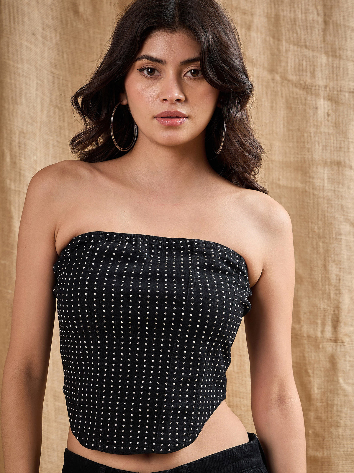 Black Front Stud Work Tube Top-SASSAFRAS