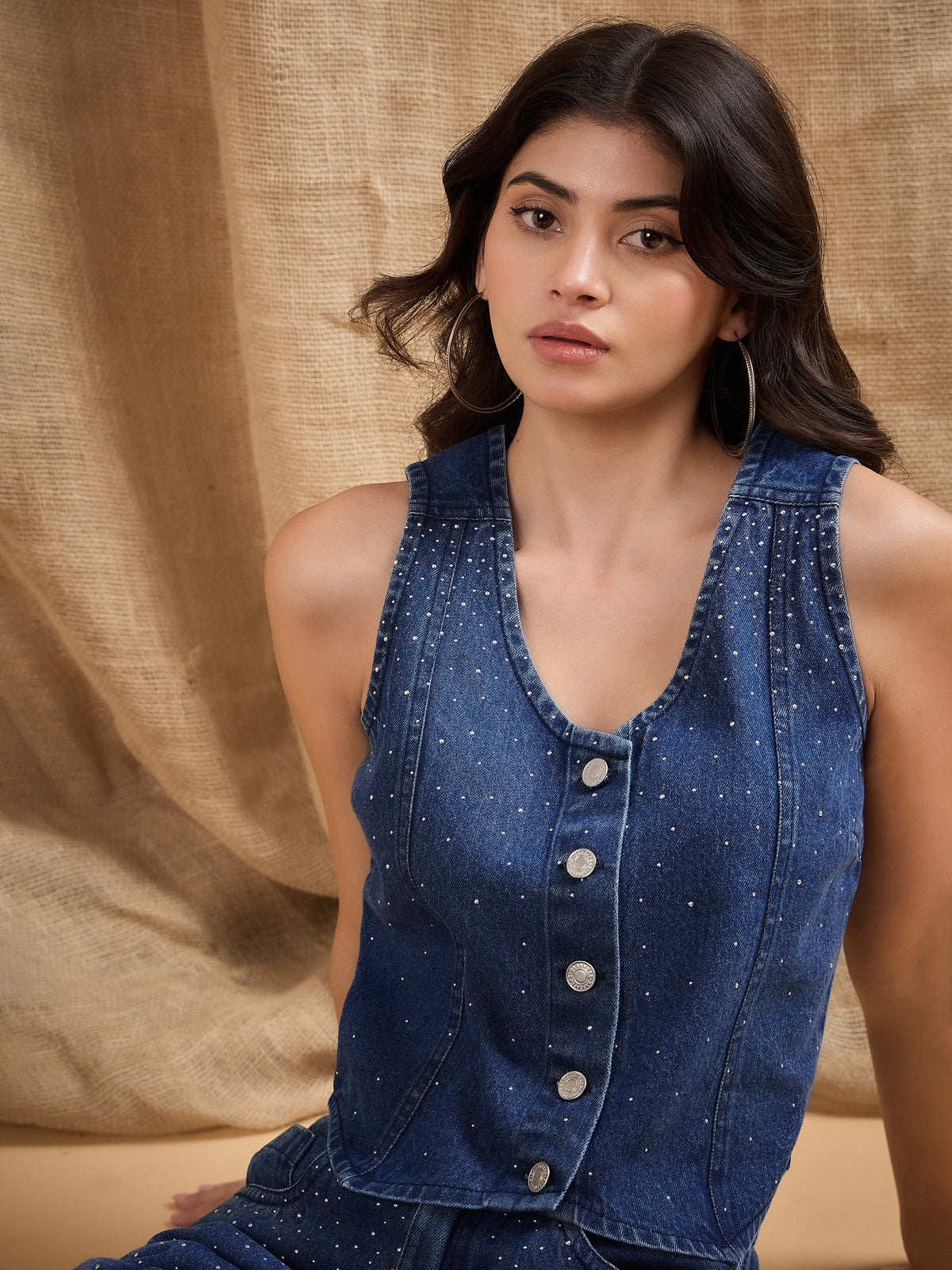 Blue Denim Studded Waistcoat Top-SASSAFRAS