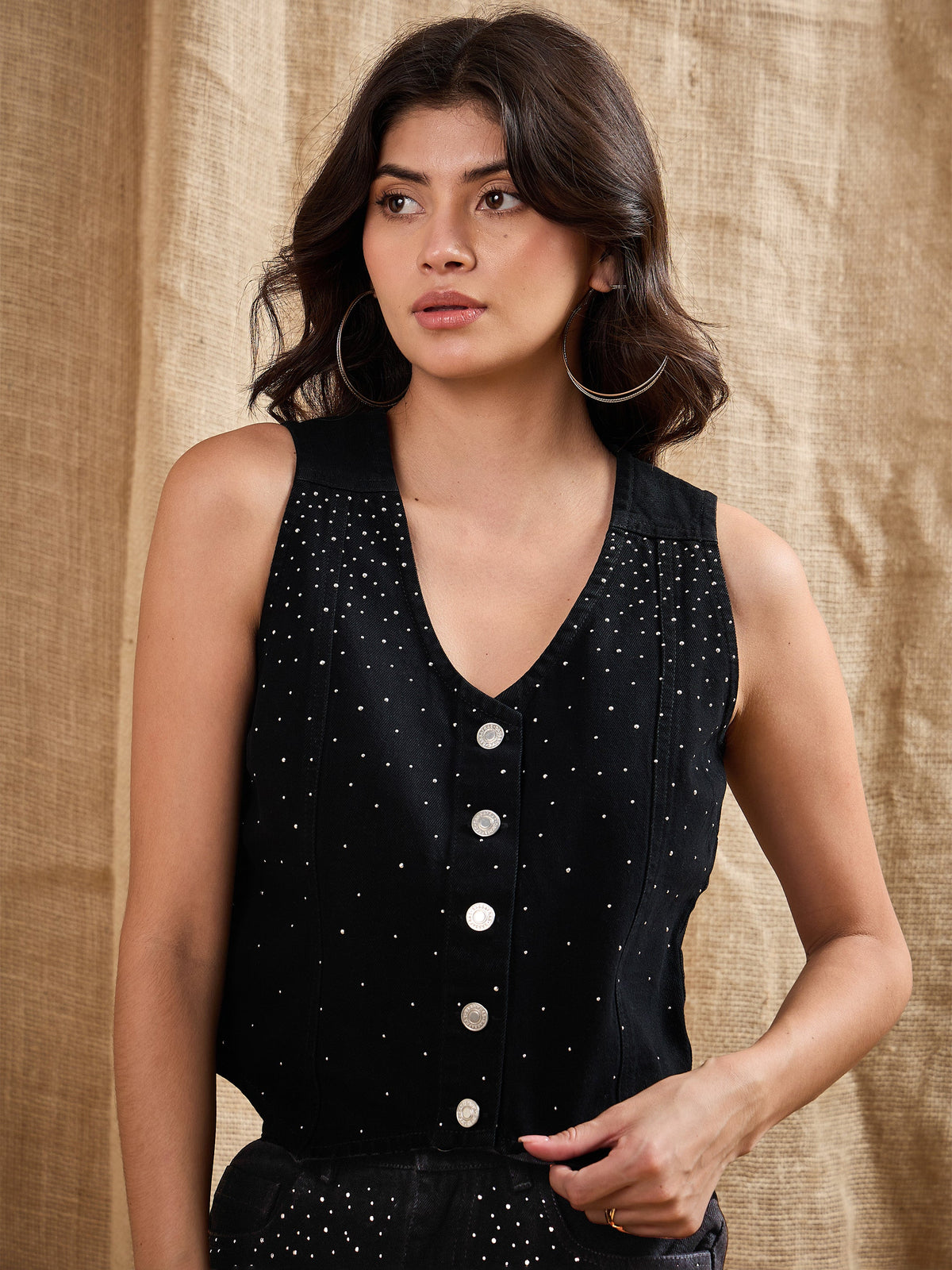 Black Denim Studded Waistcoat Top-SASSAFRAS