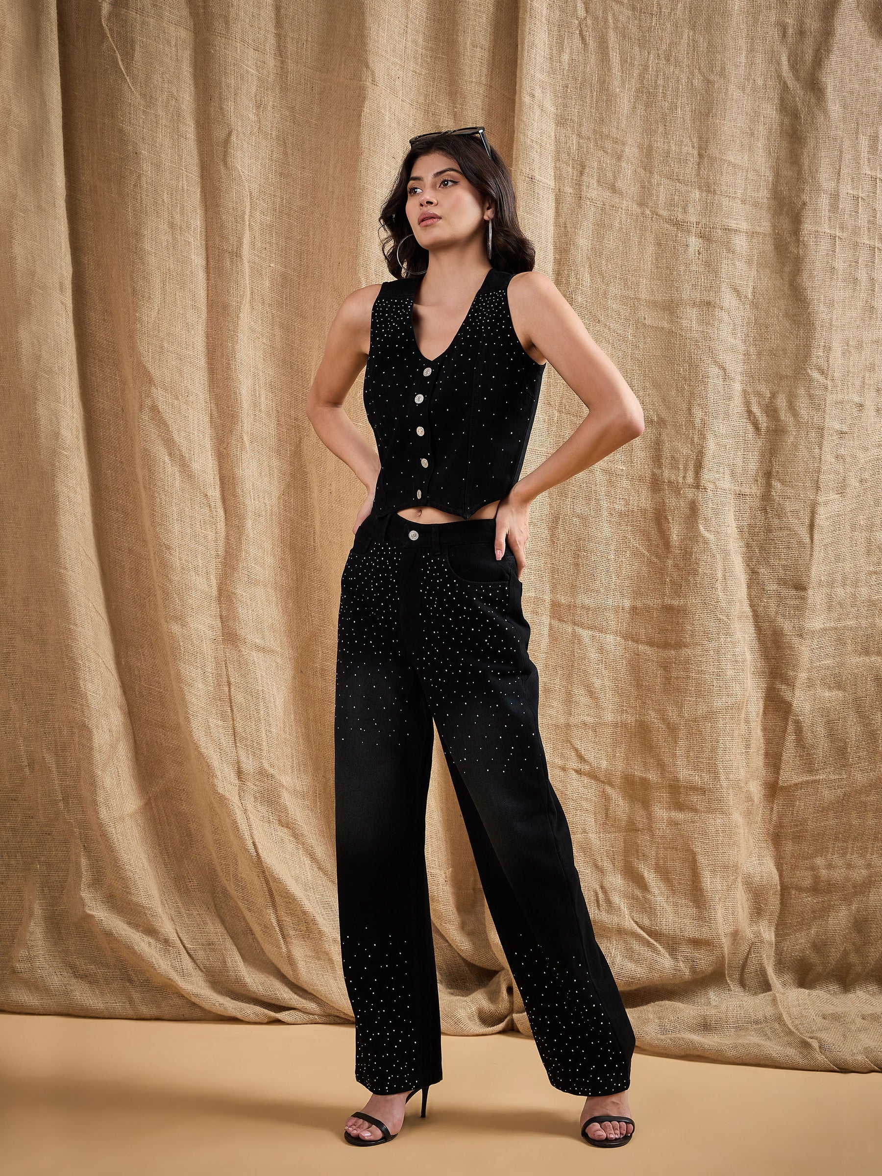 Black Denim Top With Straight Fit Jeans-SASSAFRAS