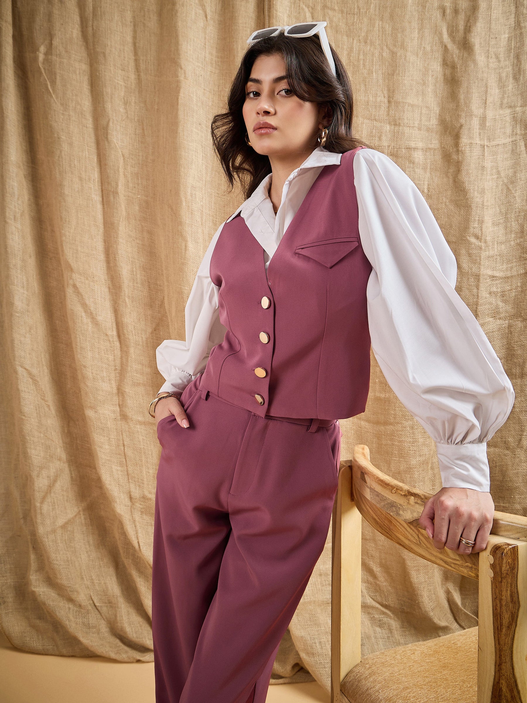 Dark Pink Waistcoat With Straight Fit Pants-SASSAFRAS