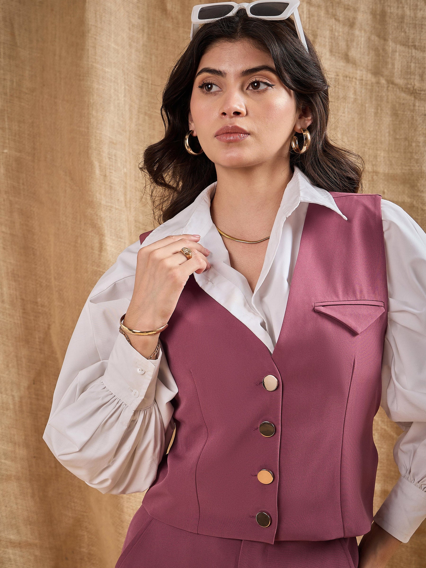 Dark Pink Waistcoat With Straight Fit Pants-SASSAFRAS