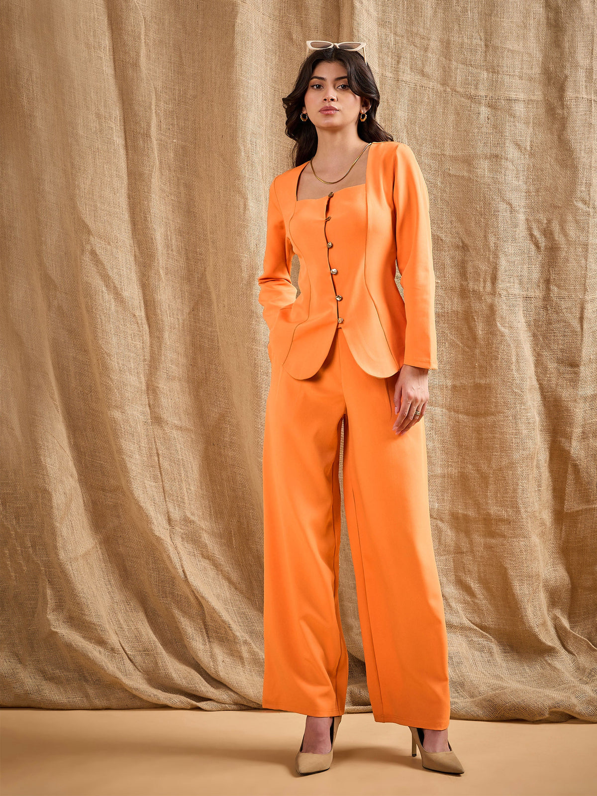 Orange Square Neck Front Open Top With Pants-SASSAFRAS