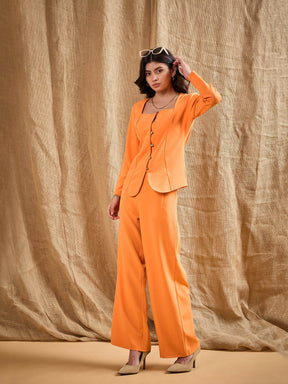 Orange Square Neck Front Open Top With Pants-SASSAFRAS