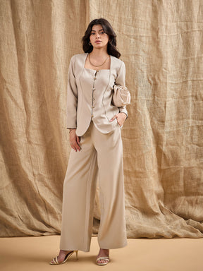 Beige Square Neck Front Open Top With Pants-SASSAFRAS