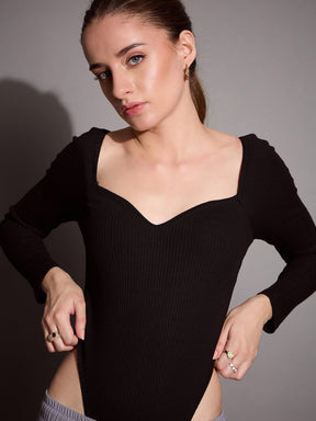 Black Rib Sweetheart Neck Bodysuit-SASSAFRAS BASICS