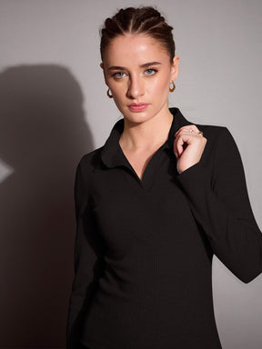 Black Rib Polo Neck Top-SASSAFRAS BASICS